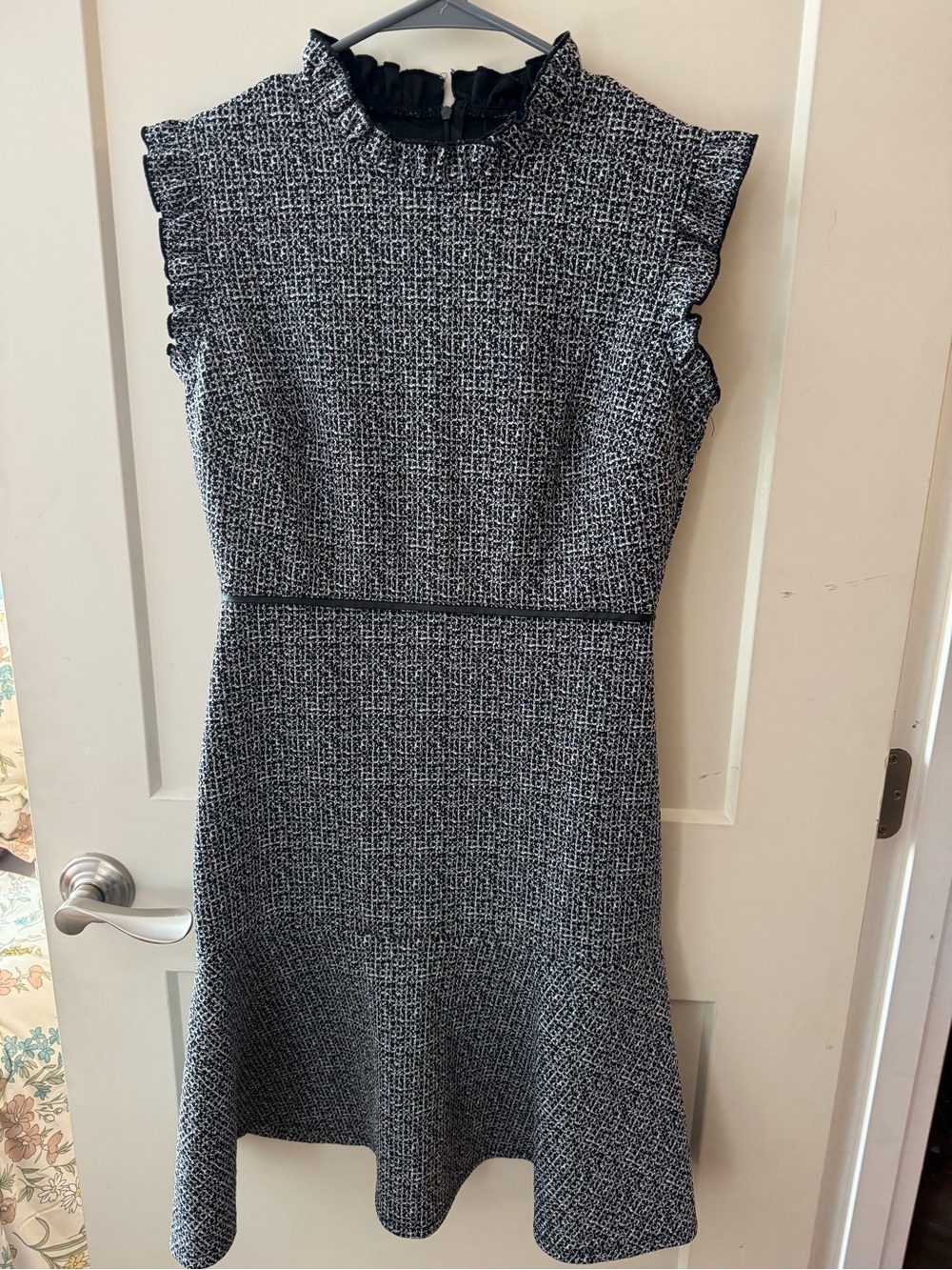 Enfocus Studio Black & White Tweed Ruffle Neck Midi Dress